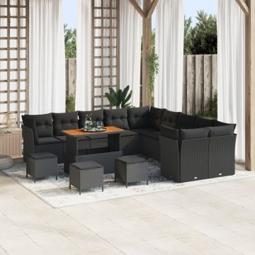 Set de Sofa pentru Grădină de 14 Piese cu Perne Negru Poliratan Acacia, Set de Cină pentru Grădină de 4 Piese cu Perne Negru Poliratan Acacia