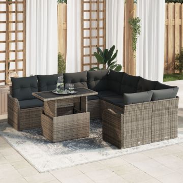 Set sofa 9 piese grădină cu perne gri poliratan , Sofa grădină 2 locuri cu perne gri poliratan