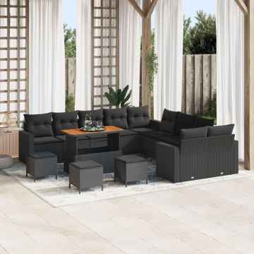 Set Sofa Grădină 13 Piese cu Perne Poliratan Negru Acacia, Set Dining Grădină 3 Piese cu Perne Poliratan Negru Acacia