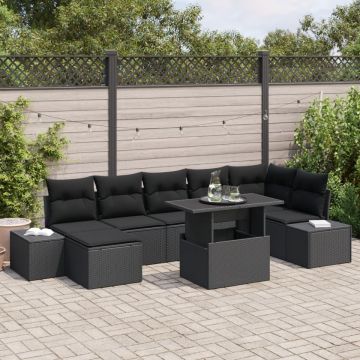 Set Sofa Grădină 8 Piese Negru Poliratan, Sticlă