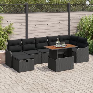 Setul de sofa colț de grădină cu 8 piese și perne din poliratan negru, Sofa de grădină cu 2 locuri cu depozitare și perne din poliratan negru